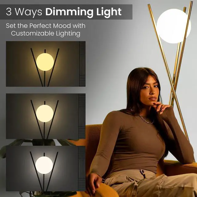 Alt view image 3 of 7 - Ozarke Solstice Modern Frosted Glass Globe Floor Lamp (165cm) Contemporary LED Dimmable Lighting for Bedroom, Living Room, Hotel & Home Office (Gold)