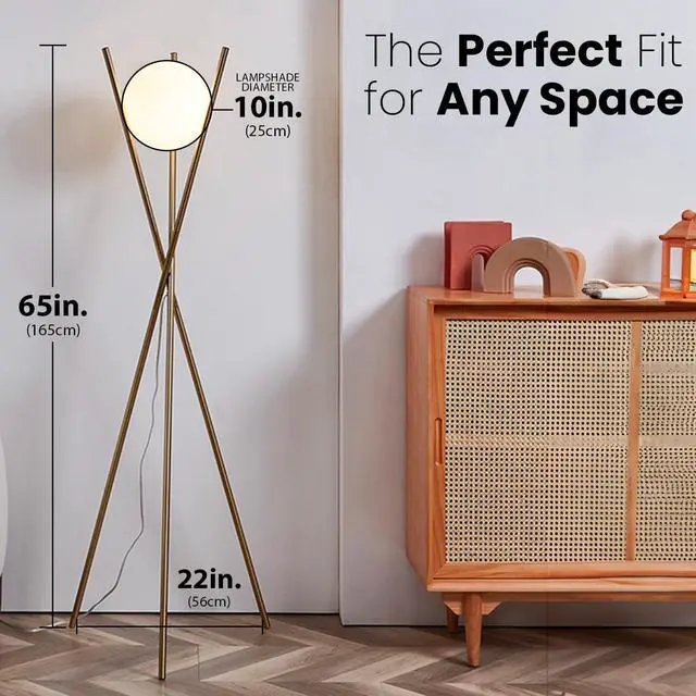 Alt view image 4 of 7 - Ozarke Solstice Modern Frosted Glass Globe Floor Lamp (165cm) Contemporary LED Dimmable Lighting for Bedroom, Living Room, Hotel & Home Office (Gold)