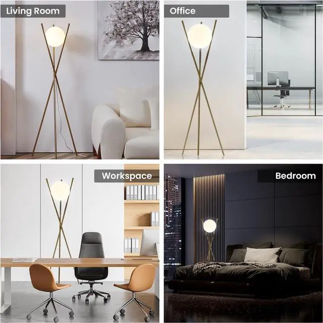 Alt view image 5 of 7 - Ozarke Solstice Modern Frosted Glass Globe Floor Lamp (165cm) Contemporary LED Dimmable Lighting for Bedroom, Living Room, Hotel & Home Office (Gold)