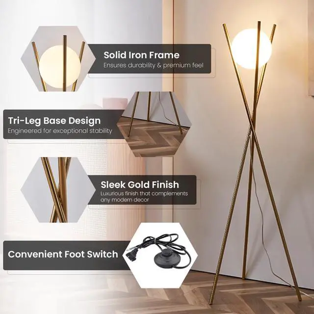 Alt view image 6 of 7 - Ozarke Solstice Modern Frosted Glass Globe Floor Lamp (165cm) Contemporary LED Dimmable Lighting for Bedroom, Living Room, Hotel & Home Office (Gold)