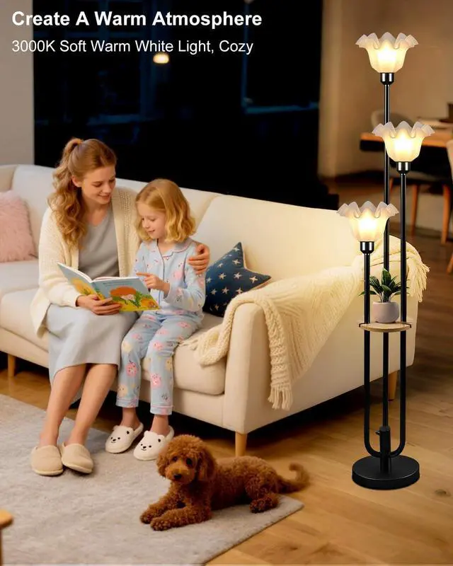 Alt view image 6 of 7 - Lightdot Flower Floor Lamp for Living Room, Dimmable Vintage Floor Lamp with Shelf &3 LED Bulbs, 3 Light 3000K Soft Warmwhite Mid Century Black Standing Lamp, Floral Tall Lamp for Bedroom Office