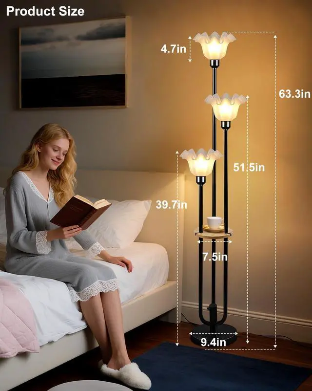 Alt view image 7 of 7 - Lightdot Flower Floor Lamp for Living Room, Dimmable Vintage Floor Lamp with Shelf &3 LED Bulbs, 3 Light 3000K Soft Warmwhite Mid Century Black Standing Lamp, Floral Tall Lamp for Bedroom Office