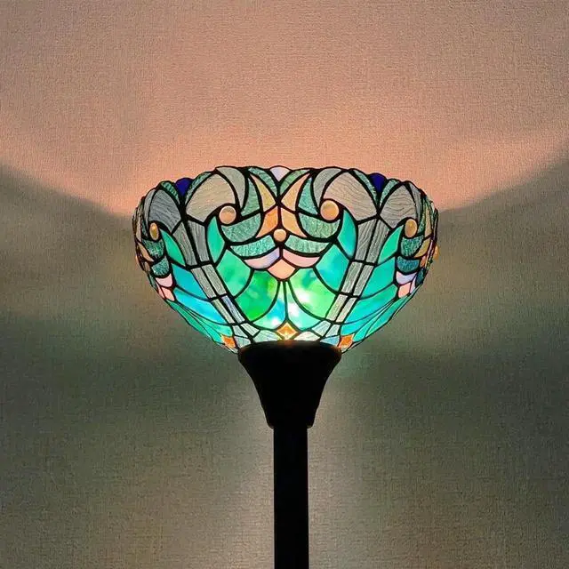 Alt view image 3 of 7 - Tiffany Torchiere Floor Lamp,Stained Glass Lamp Shade,Vintage Antique Victorian Round Tiffany Style Standing Light for Living Room and Bedroom