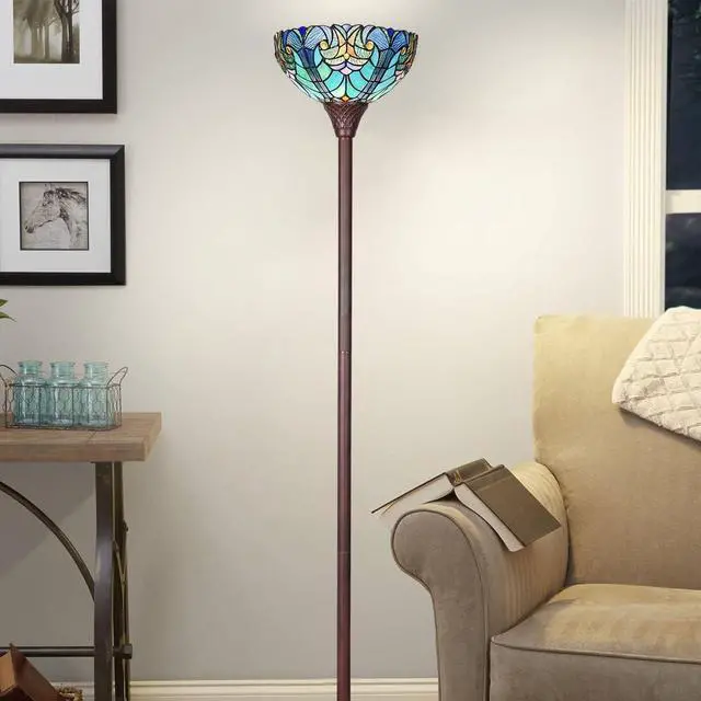 Alt view image 5 of 7 - Tiffany Torchiere Floor Lamp,Stained Glass Lamp Shade,Vintage Antique Victorian Round Tiffany Style Standing Light for Living Room and Bedroom