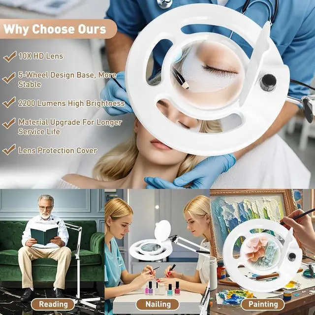 Alt view image 7 of 7 - HITTI Esthetician Light with 10X Magnifier, 2200 Lumens Stepless Dimmable Magnifying Floor Lamp with 5 Wheel Rolling Base, LED Lighted Standing Mag Lamp for Tattoo,Crafts, Sewing, Lash & Facials Nail