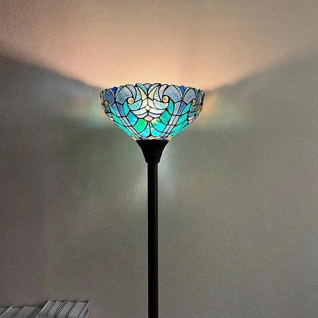 Alt view image 2 of 7 - Tiffany Torchiere Floor Lamp,Stained Glass Lamp Shade,Vintage Antique Victorian Round Tiffany Style Standing Light for Living Room and Bedroom