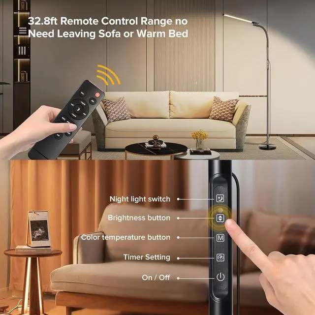 Alt view image 4 of 7 - LED Floor Lamp, Floor Lamps for Living Room with Night Light & 5 Colors & 5 Brightness, Adjustable Gooseneck Floor Reading Lamp with Remote & Touch Control, Tall Standing Floor Lamp for Bedroom Office