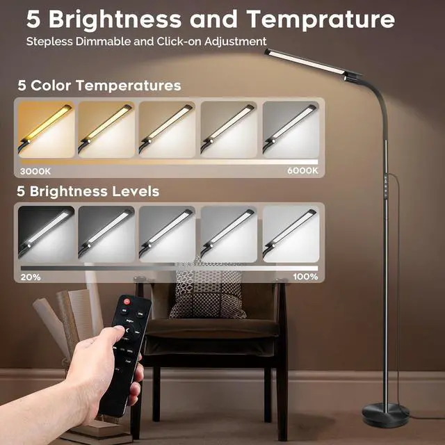 Alt view image 2 of 7 - LED Floor Lamp, Floor Lamps for Living Room with Night Light & 5 Colors & 5 Brightness, Adjustable Gooseneck Floor Reading Lamp with Remote & Touch Control, Tall Standing Floor Lamp for Bedroom Office