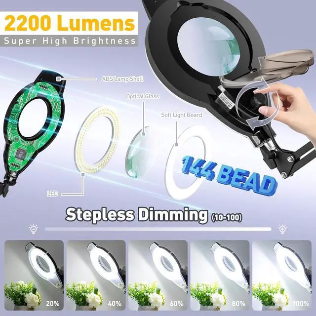 Alt view image 2 of 7 - 10X Magnifying Glass with Light and Stand, 2200 Lumens Dimmable Magnifying Floor Lamp, 2-in-1 Lighted Magnifier with 5 Wheels Rolling Base, Mag Lamp for Estheticians, Crafts, Reading, Facial