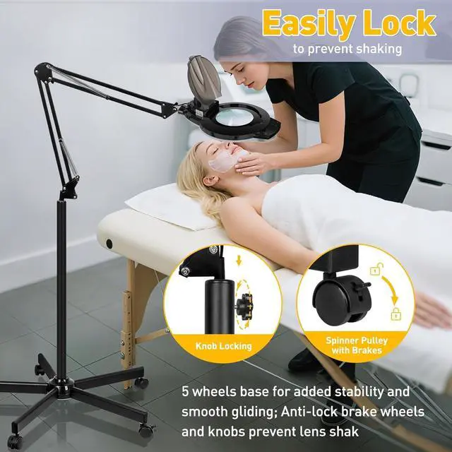 Alt view image 3 of 7 - 10X Magnifying Glass with Light and Stand, 2200 Lumens Dimmable Magnifying Floor Lamp, 2-in-1 Lighted Magnifier with 5 Wheels Rolling Base, Mag Lamp for Estheticians, Crafts, Reading, Facial