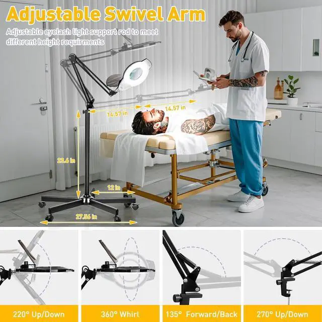 Alt view image 4 of 7 - 10X Magnifying Glass with Light and Stand, 2200 Lumens Dimmable Magnifying Floor Lamp, 2-in-1 Lighted Magnifier with 5 Wheels Rolling Base, Mag Lamp for Estheticians, Crafts, Reading, Facial