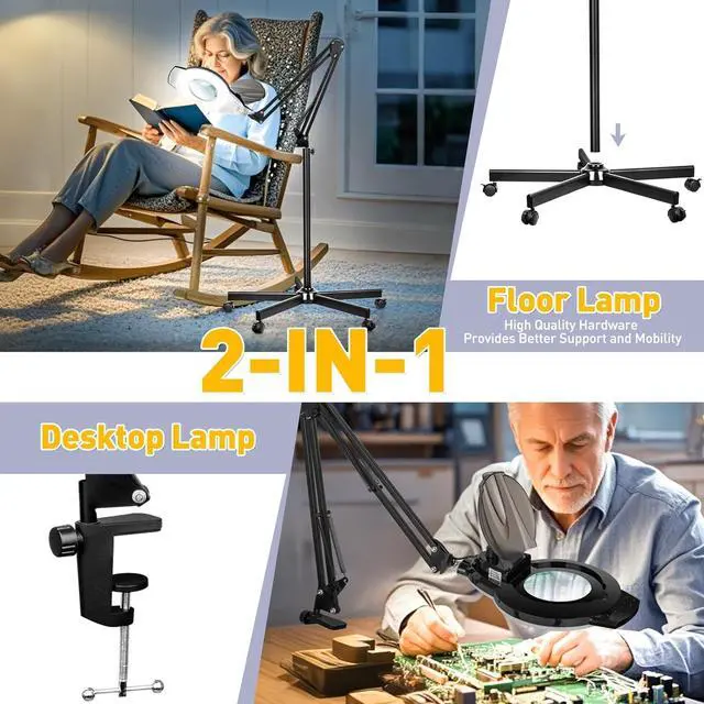 Alt view image 6 of 7 - 10X Magnifying Glass with Light and Stand, 2200 Lumens Dimmable Magnifying Floor Lamp, 2-in-1 Lighted Magnifier with 5 Wheels Rolling Base, Mag Lamp for Estheticians, Crafts, Reading, Facial