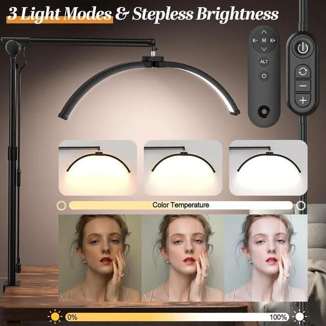 Alt view image 2 of 7 - Esthetician Light, 3-Color Dimmable Lash Lamp, 308 LED Beads Shadowless Half Moon Light, Lash Foldable Floor Lamp with 360° Rotation for Beauty, Tattoo, Spotlight, Reading