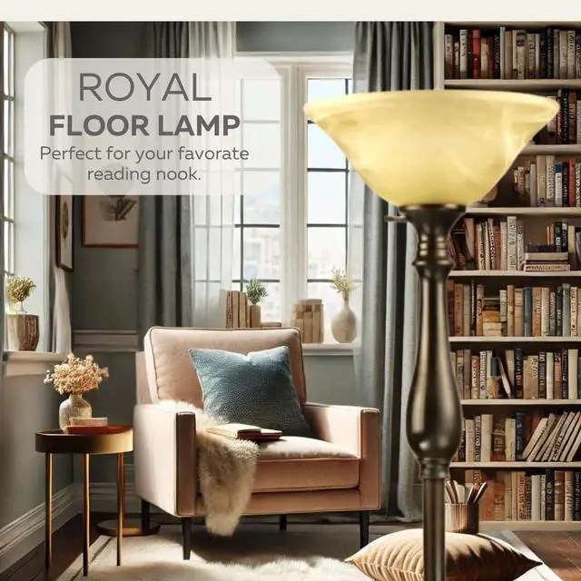 Alt view image 2 of 6 - LIGHTACCENTS Royal Bronze Torchiere with Amber Alabaster Shade  Standing Light for Bedroom, Living Room, Office, Reading Corner  Floor Lamp for Home Décor, Ambient Uplight Accent