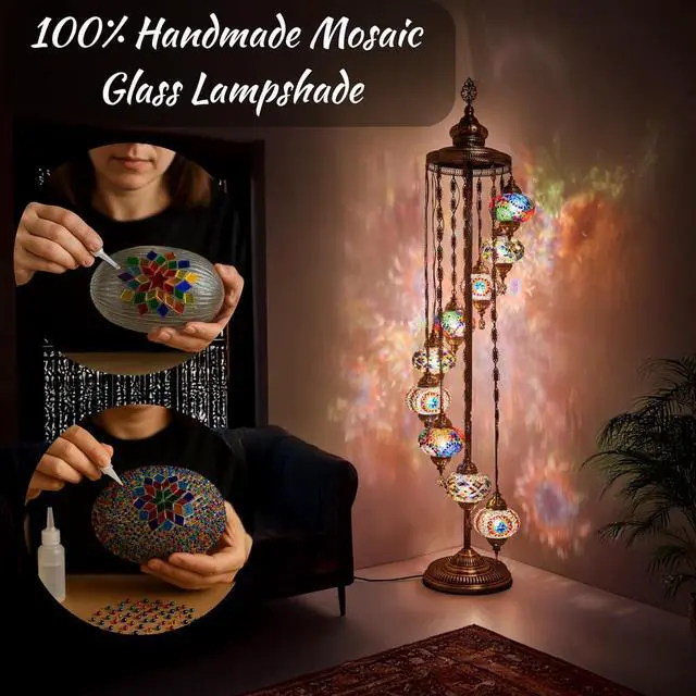 Alt view image 4 of 7 - DEMMEX Turkish Moroccan Mosaic Floor Lamp, 9 Globes, 6ft Tall  Tiffany Style Standing Decorative Boho Lamp with Colorful Globes for Bedroom, Living Room, Entryway  Handmade in Turkey, Multicolor