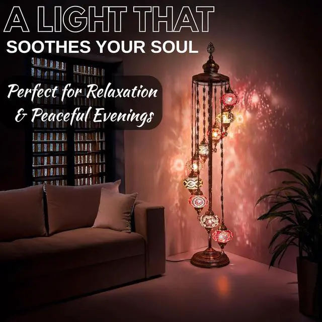 Alt view image 6 of 7 - DEMMEX Turkish Moroccan Mosaic Floor Lamp, 9 Globes, 6ft Tall  Tiffany Style Standing Decorative Boho Lamp with Colorful Globes for Bedroom, Living Room, Entryway  Handmade in Turkey, Multicolor