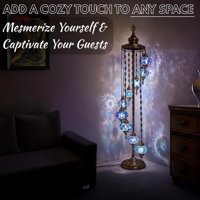 Alt view image 7 of 7 - DEMMEX Turkish Moroccan Mosaic Floor Lamp, 9 Globes, 6ft Tall  Tiffany Style Standing Decorative Boho Lamp with Colorful Globes for Bedroom, Living Room, Entryway  Handmade in Turkey, Multicolor