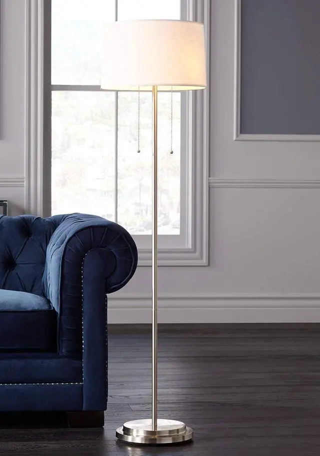 Alt view image 2 of 7 - Possini Euro Design Simplicity Modern Minimalist Floor Standing Lamp 59" Tall Brushed Nickel Silver Metal Off White Tapered Drum Shade Decor for Living Room Reading House Bedroom Home