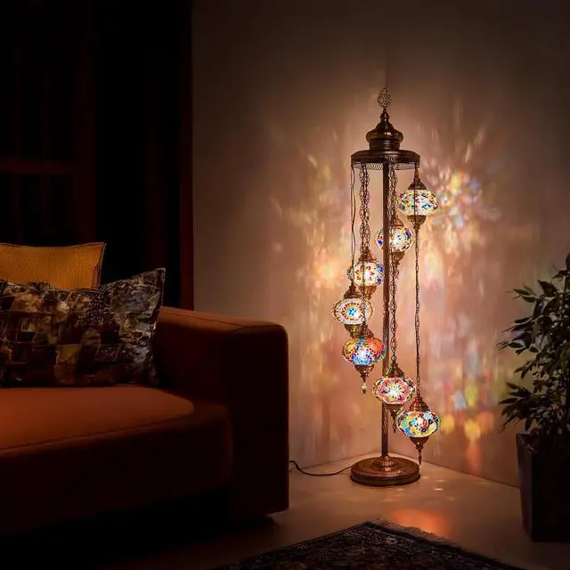 Alt view image 2 of 7 - DEMMEX - 7 Large Globes Turkish Moroccan Mosaic Floor Lamp, Tiffany-Style Bohemian Standing Lamp, 5-Foot Tall, 7-Inch Handcrafted Globes, Boho Floor Lamp for Living Room, Bedroom, Office