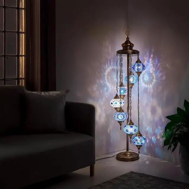 Alt view image 5 of 7 - DEMMEX - 7 Large Globes Turkish Moroccan Mosaic Floor Lamp, Tiffany-Style Bohemian Standing Lamp, 5-Foot Tall, 7-Inch Handcrafted Globes, Boho Floor Lamp for Living Room, Bedroom, Office