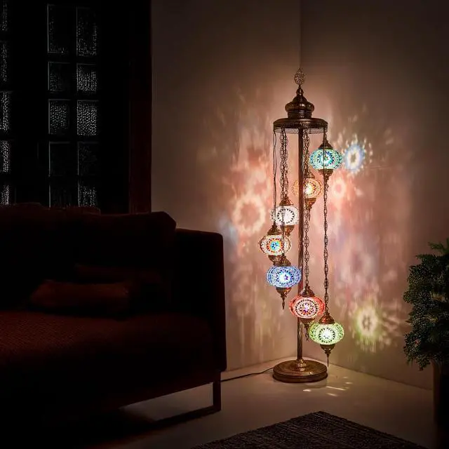 Alt view image 4 of 7 - DEMMEX - 7 Large Globes Turkish Moroccan Mosaic Floor Lamp, Tiffany-Style Bohemian Standing Lamp, 5-Foot Tall, 7-Inch Handcrafted Globes, Boho Floor Lamp for Living Room, Bedroom, Office