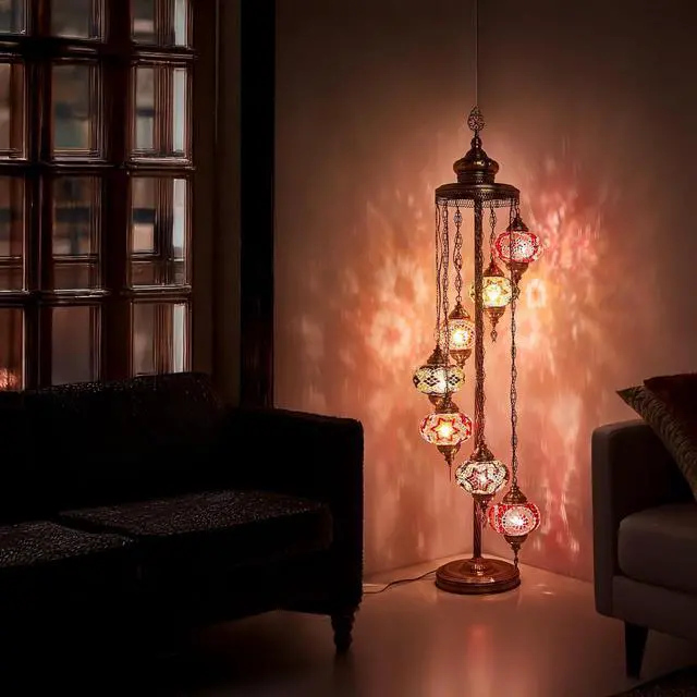 Alt view image 7 of 7 - DEMMEX - 7 Large Globes Turkish Moroccan Mosaic Floor Lamp, Tiffany-Style Bohemian Standing Lamp, 5-Foot Tall, 7-Inch Handcrafted Globes, Boho Floor Lamp for Living Room, Bedroom, Office