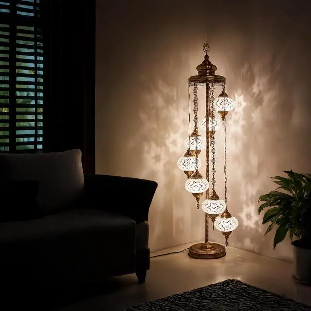 Alt view image 6 of 7 - DEMMEX - 7 Large Globes Turkish Moroccan Mosaic Floor Lamp, Tiffany-Style Bohemian Standing Lamp, 5-Foot Tall, 7-Inch Handcrafted Globes, Boho Floor Lamp for Living Room, Bedroom, Office