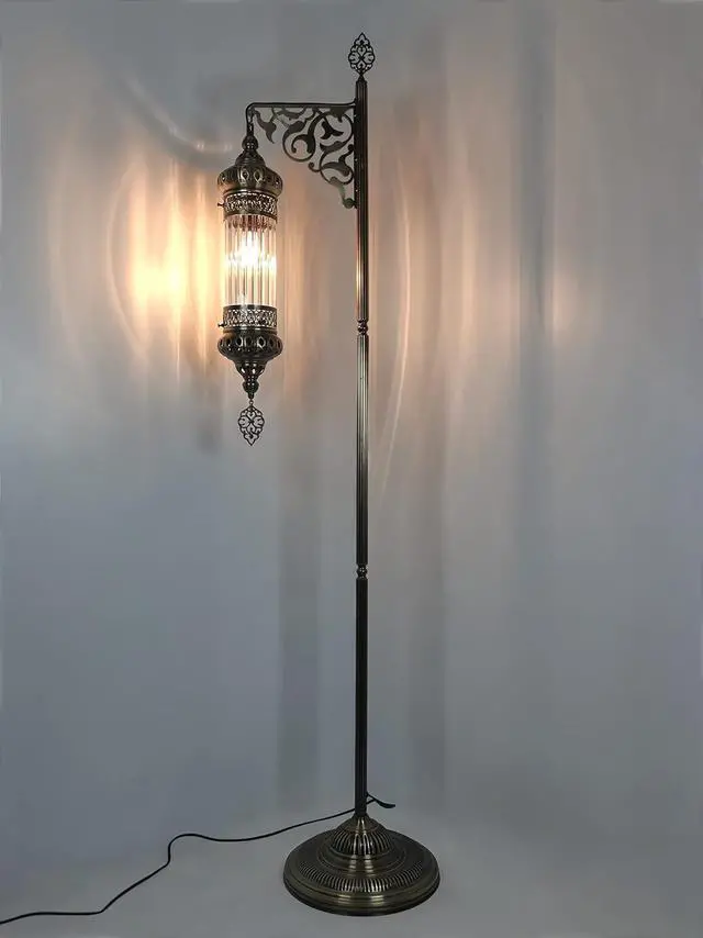 Alt view image 3 of 6 - DEMMEX Turkish Moroccan Ottoman Era Style Antique Vintage Standing Floor Lamp, Antique Brass Metal Body, Shatterproof Pyrex Glass, 5.5 ft -165cm