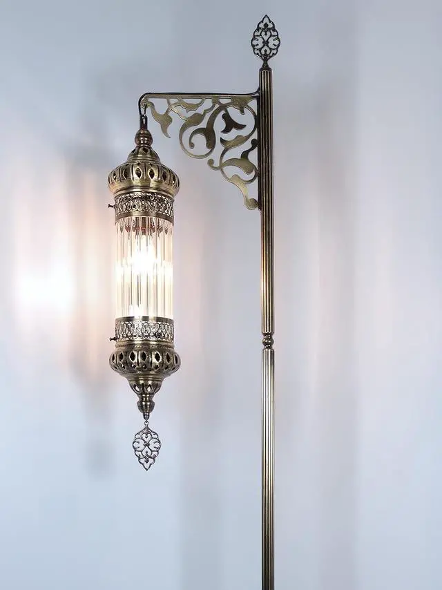 Alt view image 4 of 6 - DEMMEX Turkish Moroccan Ottoman Era Style Antique Vintage Standing Floor Lamp, Antique Brass Metal Body, Shatterproof Pyrex Glass, 5.5 ft -165cm