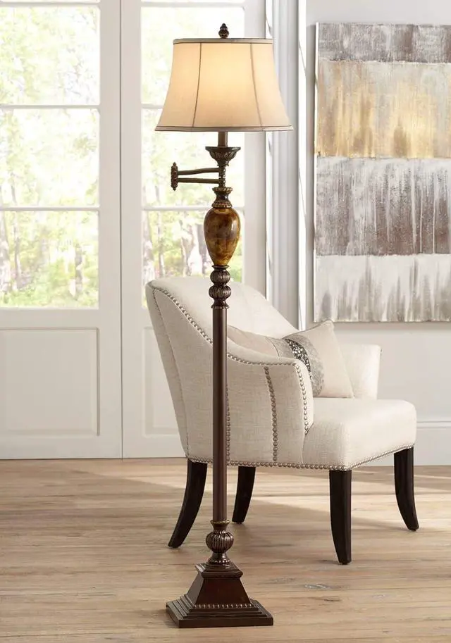 Alt view image 2 of 6 - Kathy Ireland Mulholland Rustic Vintage Swing Arm Floor Lamp Standing 61" Tall Bronze Marble Font Ivory Faux Silk Drum Shade Decor for Living Room Reading House Bedroom Home Family Office