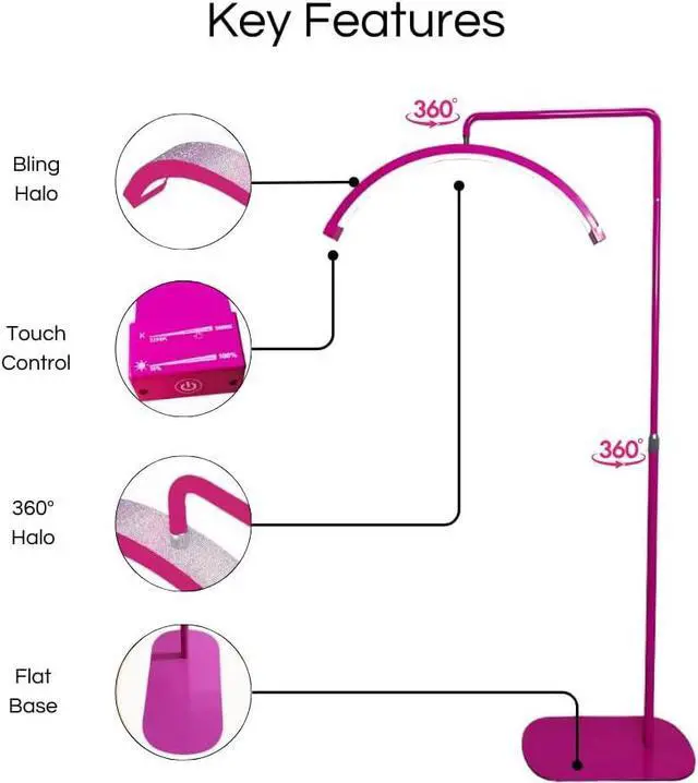 Alt view image 2 of 7 - Bling Half Moon Lash Light | Dimmable LED Diamond Esthetician Light for Eyelash Techs - LED Floor Lash Lamp with Adjustable Height, Touch Control & Stable Base | Warm & Cool Tones | Hot Pink