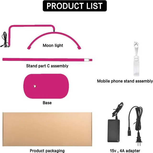 Alt view image 7 of 7 - Bling Half Moon Lash Light | Dimmable LED Diamond Esthetician Light for Eyelash Techs - LED Floor Lash Lamp with Adjustable Height, Touch Control & Stable Base | Warm & Cool Tones | Hot Pink
