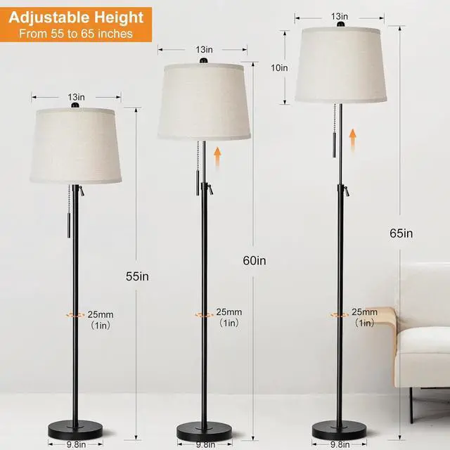 Alt view image 2 of 7 - Floor Lamps for Living Room, Black Floor Lamp Adjustable Height Standing Lamp, Dimmable Modern Tall Floor Lamp for Bedroom Office with Beige Linen Shade, 8W 3000K Bulb Included