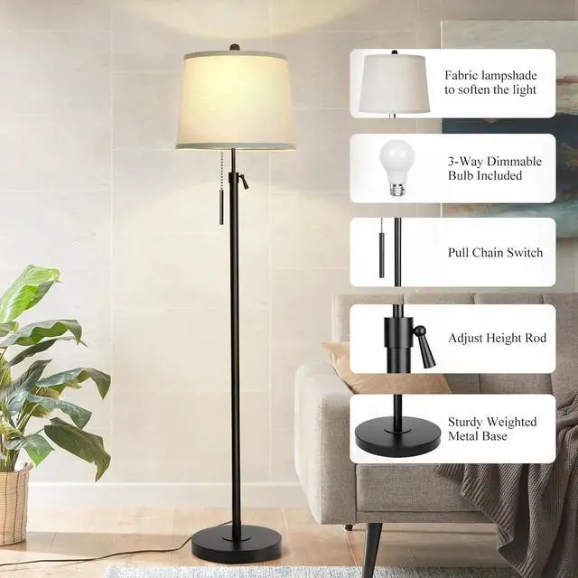 Alt view image 4 of 7 - Floor Lamps for Living Room, Black Floor Lamp Adjustable Height Standing Lamp, Dimmable Modern Tall Floor Lamp for Bedroom Office with Beige Linen Shade, 8W 3000K Bulb Included