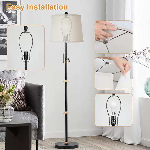 Alt view image 6 of 7 - Floor Lamps for Living Room, Black Floor Lamp Adjustable Height Standing Lamp, Dimmable Modern Tall Floor Lamp for Bedroom Office with Beige Linen Shade, 8W 3000K Bulb Included