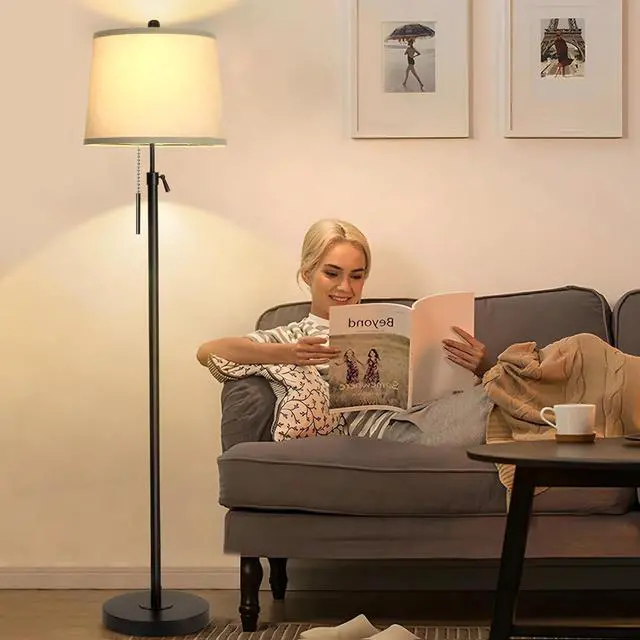 Alt view image 5 of 7 - Floor Lamps for Living Room, Black Floor Lamp Adjustable Height Standing Lamp, Dimmable Modern Tall Floor Lamp for Bedroom Office with Beige Linen Shade, 8W 3000K Bulb Included