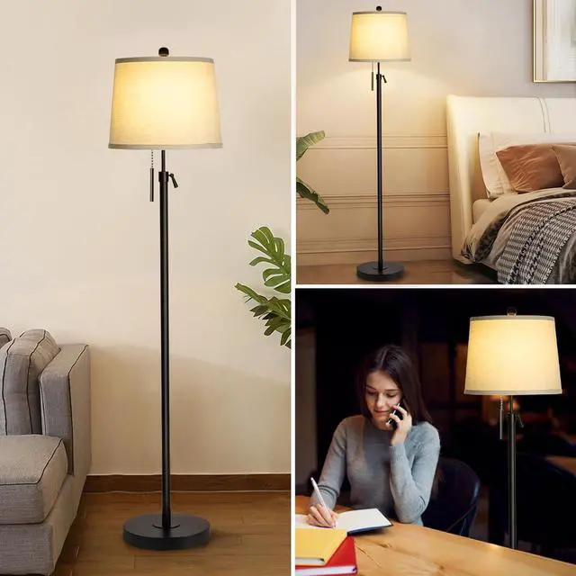 Alt view image 7 of 7 - Floor Lamps for Living Room, Black Floor Lamp Adjustable Height Standing Lamp, Dimmable Modern Tall Floor Lamp for Bedroom Office with Beige Linen Shade, 8W 3000K Bulb Included