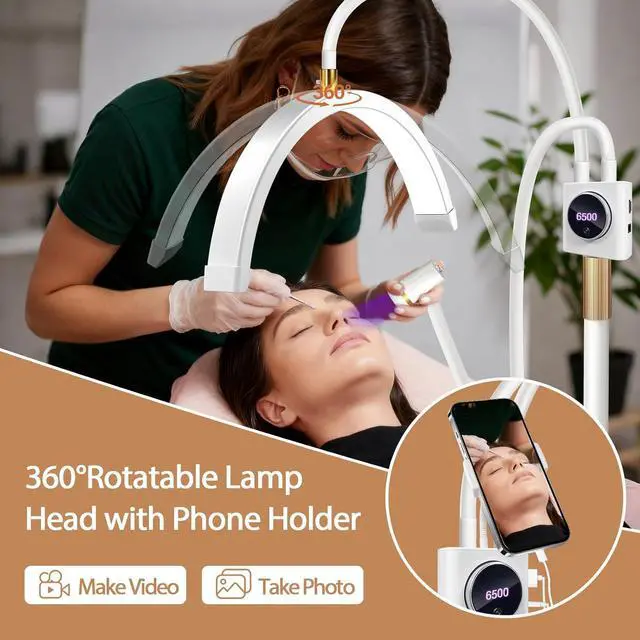 Alt view image 6 of 7 - Half Moon Lash Light for Lash Tech, 3-in-1 Professional Esthetician Light with UV Lash Lamp & Phone Holder, Adjustable Height&Brightness for Tattoo,Nail Art,Skincare,Salon,Spa(White)