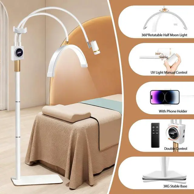 Alt view image 7 of 7 - Half Moon Lash Light for Lash Tech, 3-in-1 Professional Esthetician Light with UV Lash Lamp & Phone Holder, Adjustable Height&Brightness for Tattoo,Nail Art,Skincare,Salon,Spa(White)