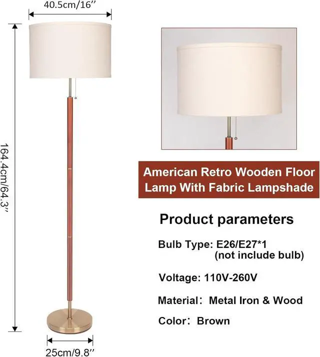 Alt view image 3 of 7 - HonoDing Mid-Century Modern Floor Lamp, Walnut Wood Finish, Drum Shade, Living Room Décor (64in, E26 LED)