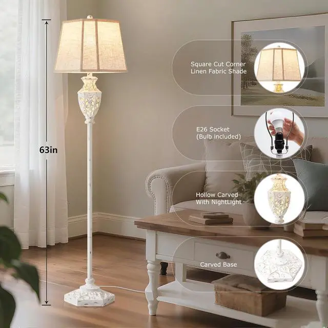 Alt view image 2 of 7 - Luvkczc Rustic Floor Lamp - Resin Carved Base with Hollow Night Light, Farmhouse Floor Lamps, Vintage Standing Lamp for Living Room, Bedroom (Includes Bulb)