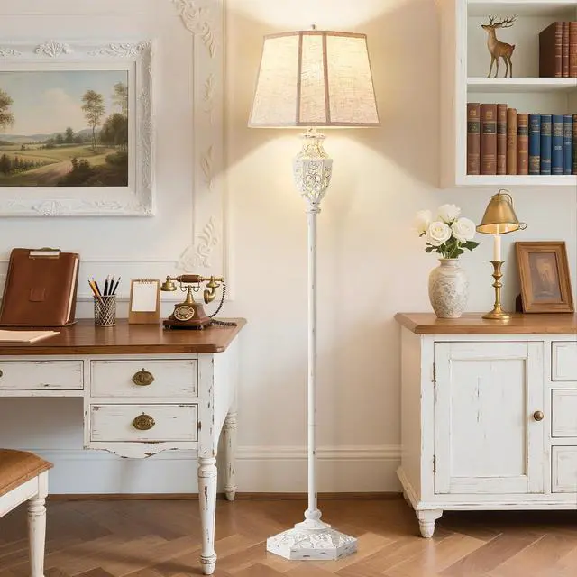 Alt view image 7 of 7 - Luvkczc Rustic Floor Lamp - Resin Carved Base with Hollow Night Light, Farmhouse Floor Lamps, Vintage Standing Lamp for Living Room, Bedroom (Includes Bulb)