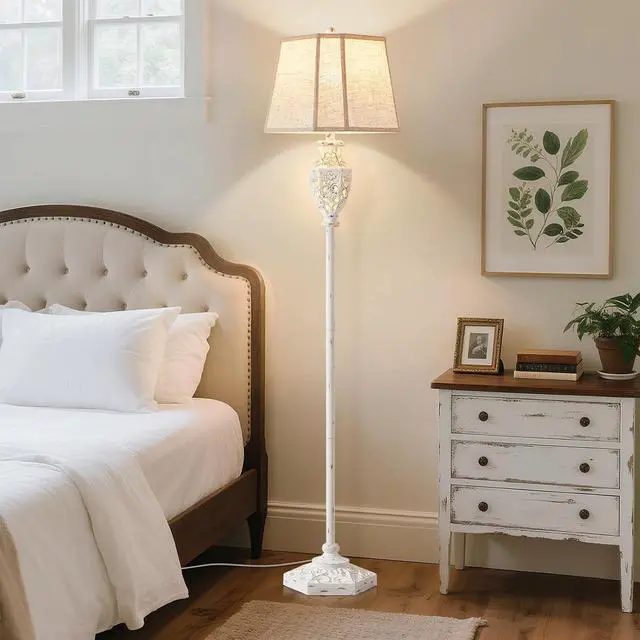 Alt view image 6 of 7 - Luvkczc Rustic Floor Lamp - Resin Carved Base with Hollow Night Light, Farmhouse Floor Lamps, Vintage Standing Lamp for Living Room, Bedroom (Includes Bulb)