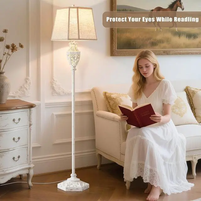 Alt view image 5 of 7 - Luvkczc Rustic Floor Lamp - Resin Carved Base with Hollow Night Light, Farmhouse Floor Lamps, Vintage Standing Lamp for Living Room, Bedroom (Includes Bulb)