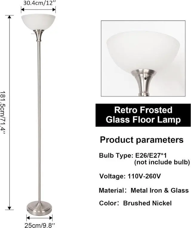 Alt view image 3 of 7 - Floor Lamp Frosted White Glass Bowl Shade - for Room Decor - Bedroom Decor - Floor Lamp for Bedroom - Floor Lamps for Living Room (Brushed Nickel)