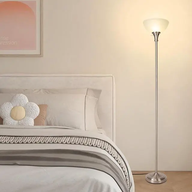 Alt view image 7 of 7 - Floor Lamp Frosted White Glass Bowl Shade - for Room Decor - Bedroom Decor - Floor Lamp for Bedroom - Floor Lamps for Living Room (Brushed Nickel)