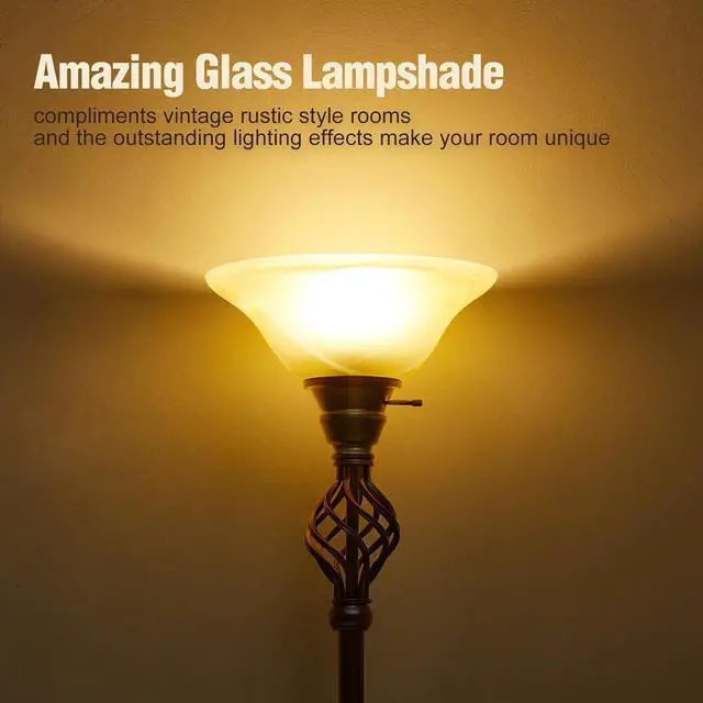 Alt view image 2 of 7 - Torchiere Floor Lamp for Living Room, LED Standing Reading Light for Bedroom with Glass Shade for Living Room Corner Bedroom Home Office,Bulbs Included (Yellow Lampshade, Glass 1 Head)