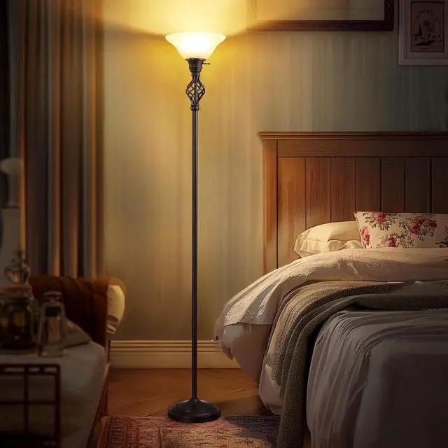 Alt view image 4 of 7 - Torchiere Floor Lamp for Living Room, LED Standing Reading Light for Bedroom with Glass Shade for Living Room Corner Bedroom Home Office,Bulbs Included (Yellow Lampshade, Glass 1 Head)