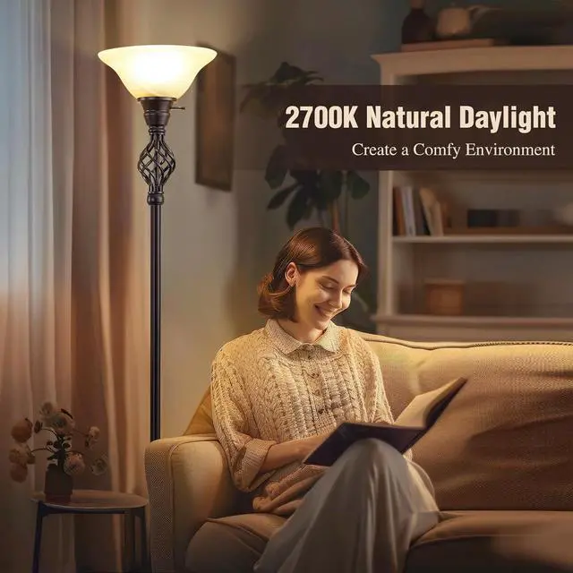 Alt view image 5 of 7 - Torchiere Floor Lamp for Living Room, LED Standing Reading Light for Bedroom with Glass Shade for Living Room Corner Bedroom Home Office,Bulbs Included (Yellow Lampshade, Glass 1 Head)