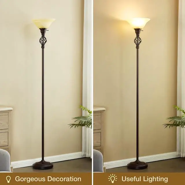 Alt view image 6 of 7 - Torchiere Floor Lamp for Living Room, LED Standing Reading Light for Bedroom with Glass Shade for Living Room Corner Bedroom Home Office,Bulbs Included (Yellow Lampshade, Glass 1 Head)
